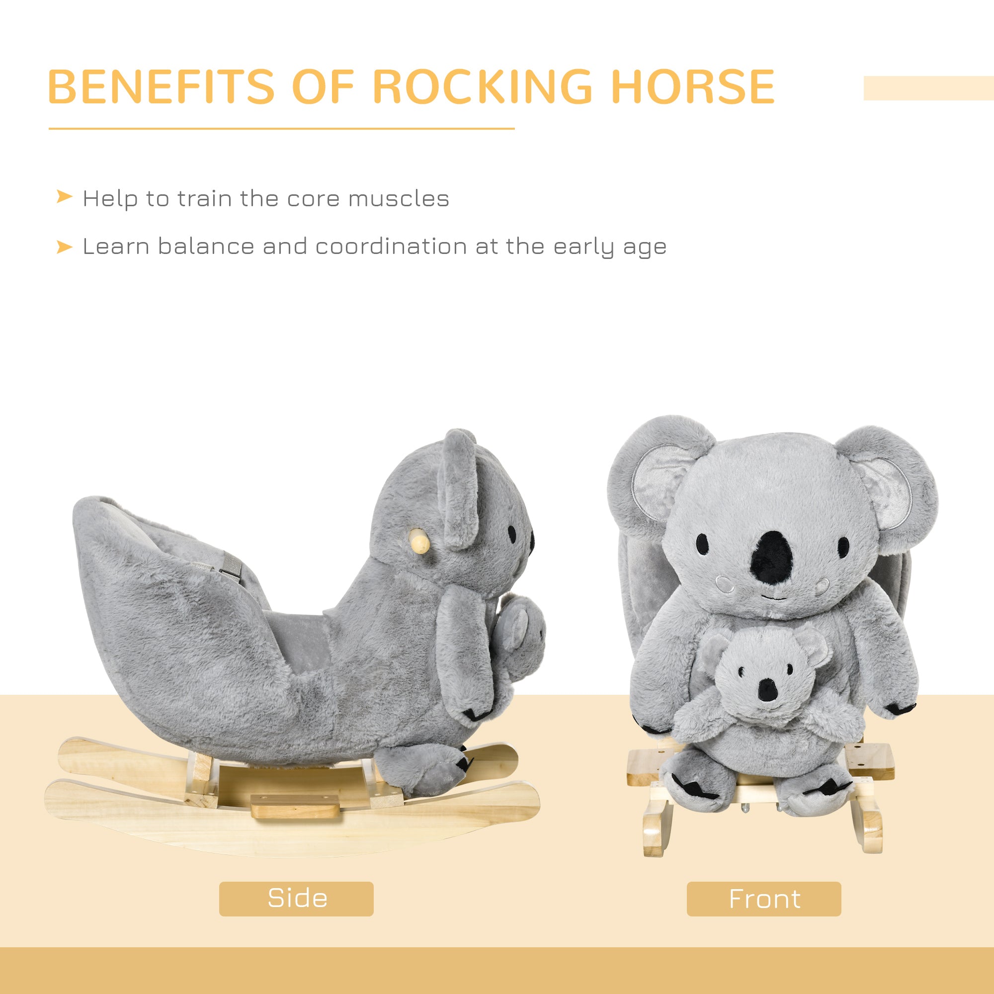 HOMCOM Kids Plush Ride-On Rocking Horse Koala-shaped Plush Toy Rocker with Gloved Doll Realistic Sounds for Child 18-36 Months Grey - Inspirely