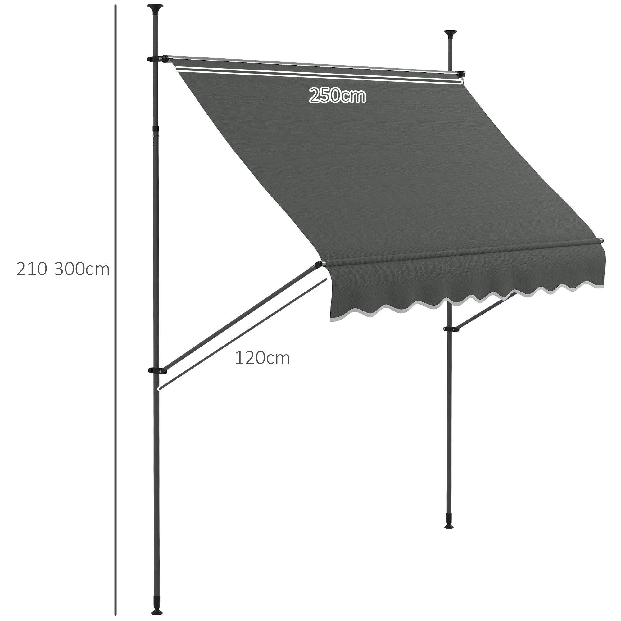 2.5 x 1.2m Retractable Awning, Free Standing Patio Sun Shade Shelter, UV Resistant, for Window and Door, Dark Grey