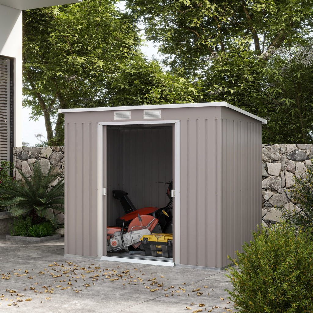 Outsunny Outdoor Garden Metal Equipment Tool Storage Shed w/ Foundation, Double Door, Vents and Sloped Roof, Grey