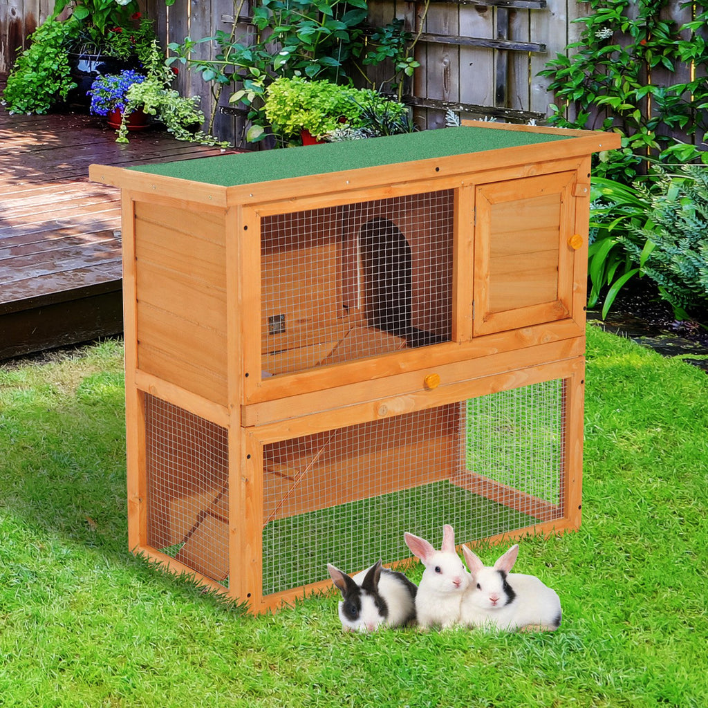 Pawhut Wooden  90cm 2 Tiers Rabbit Hutch - Inspirely