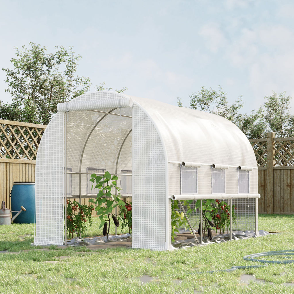 Outsunny 3 x 2 x 2m Walk-in Tunnel Greenhouse Polytunnel Tent with PE Cover Zippered Roll Up Door and 6 Mesh Windows White