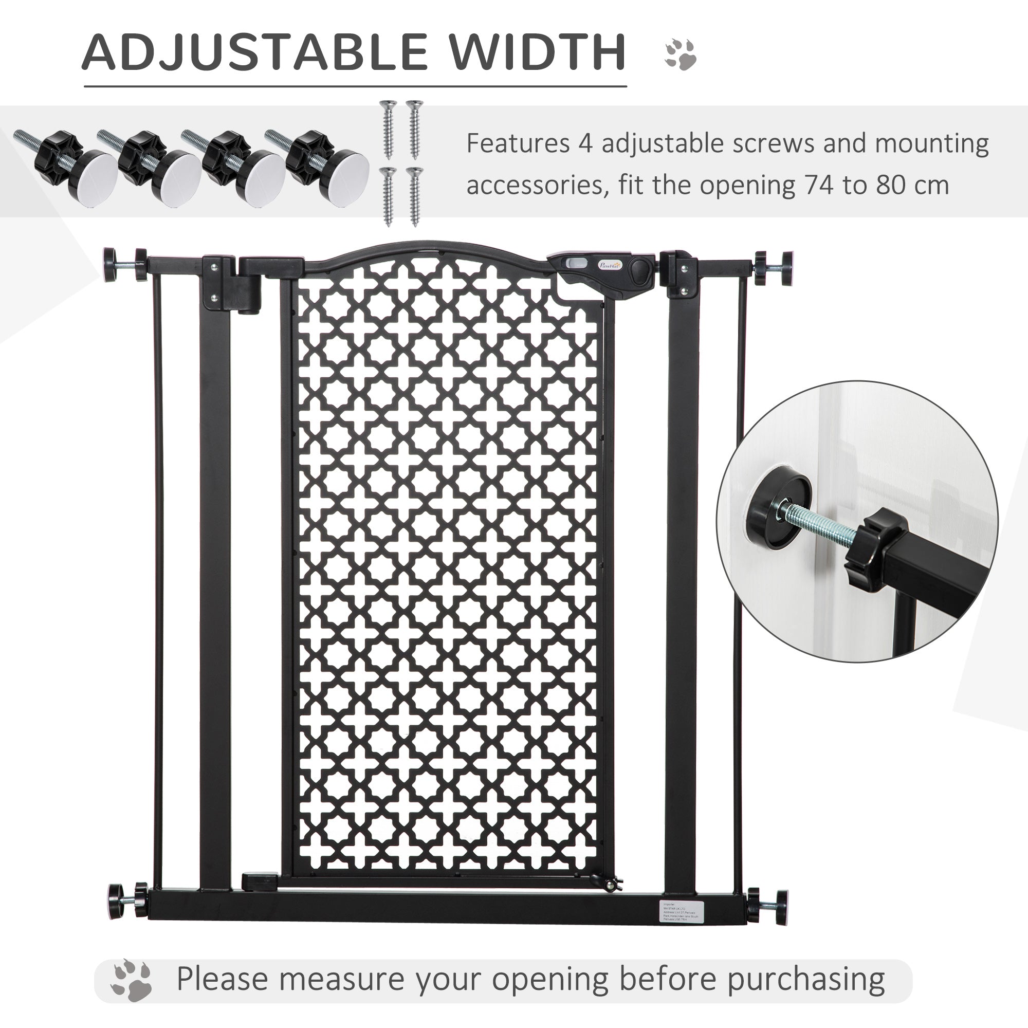 PawHut 74-80 cm Pet Safety Gate Barrier Stair Pressure Fit with Auto Close and Double Locking for Doorways, Hallways, Black - Inspirely