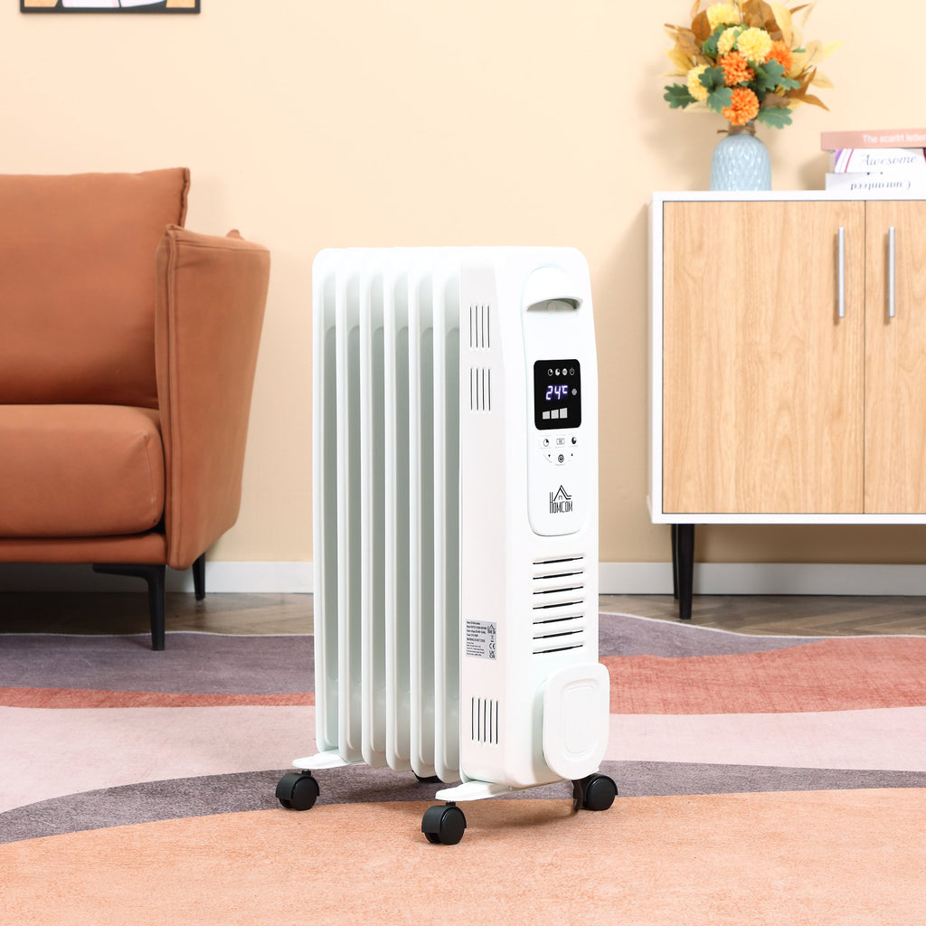 HOMCOM 1630W Digital Oil Filled Radiator, 7 Fin, Portable Electric Heater with LED Display, 3 Heat Settings, Safety Cut-Off and Remote Control, White - Inspirely