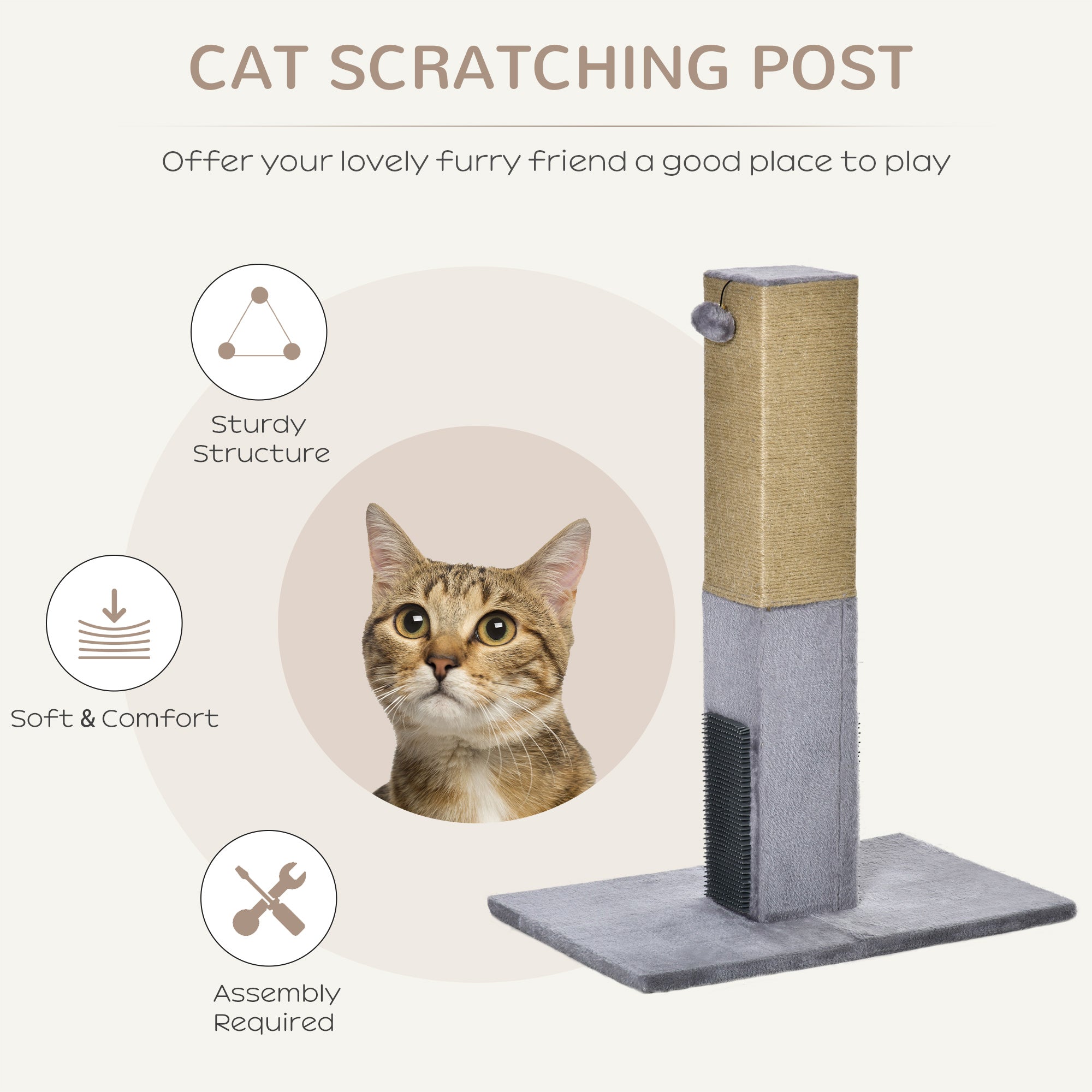 PawHut Cat Scratching Post, 79cm Tall Jute Scratcher Climber, Cat Tree Activity Center with Carpet Base, Dangling Ball, Grey - Inspirely