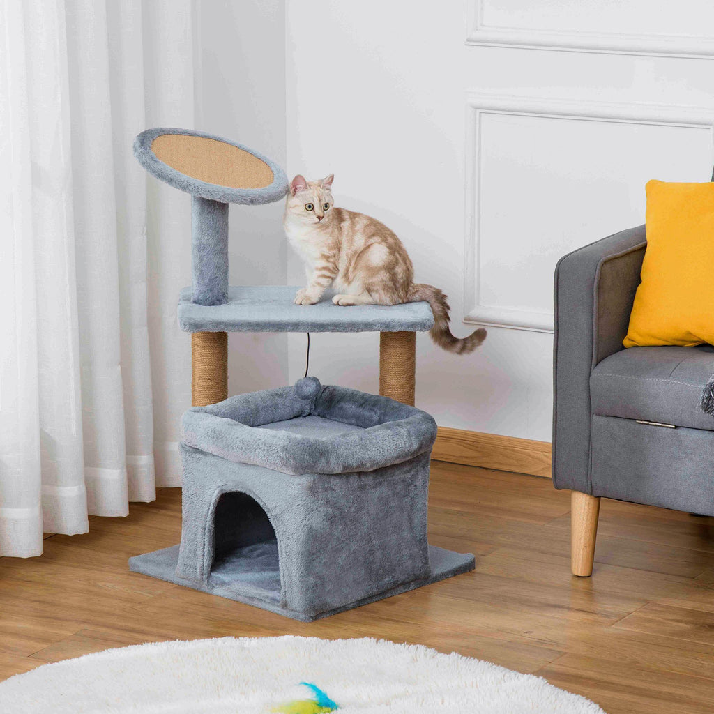 PawHut Cat Tree Tower Kitten Activity Center with Scratching Posts Pad Condo Perch Bed Interactive Ball Toy 48 x 48 x 84cm, Grey - Inspirely