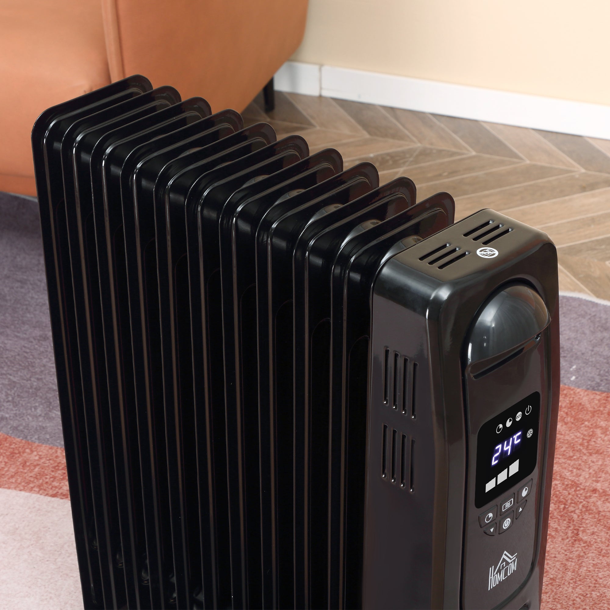 HOMCOM 2180W Digital Oil Filled Radiator, 9 Fin, Portable Electric Heater with LED Display, Timer 3 Heat Settings Safety Cut-Off Remote Control Black - Inspirely