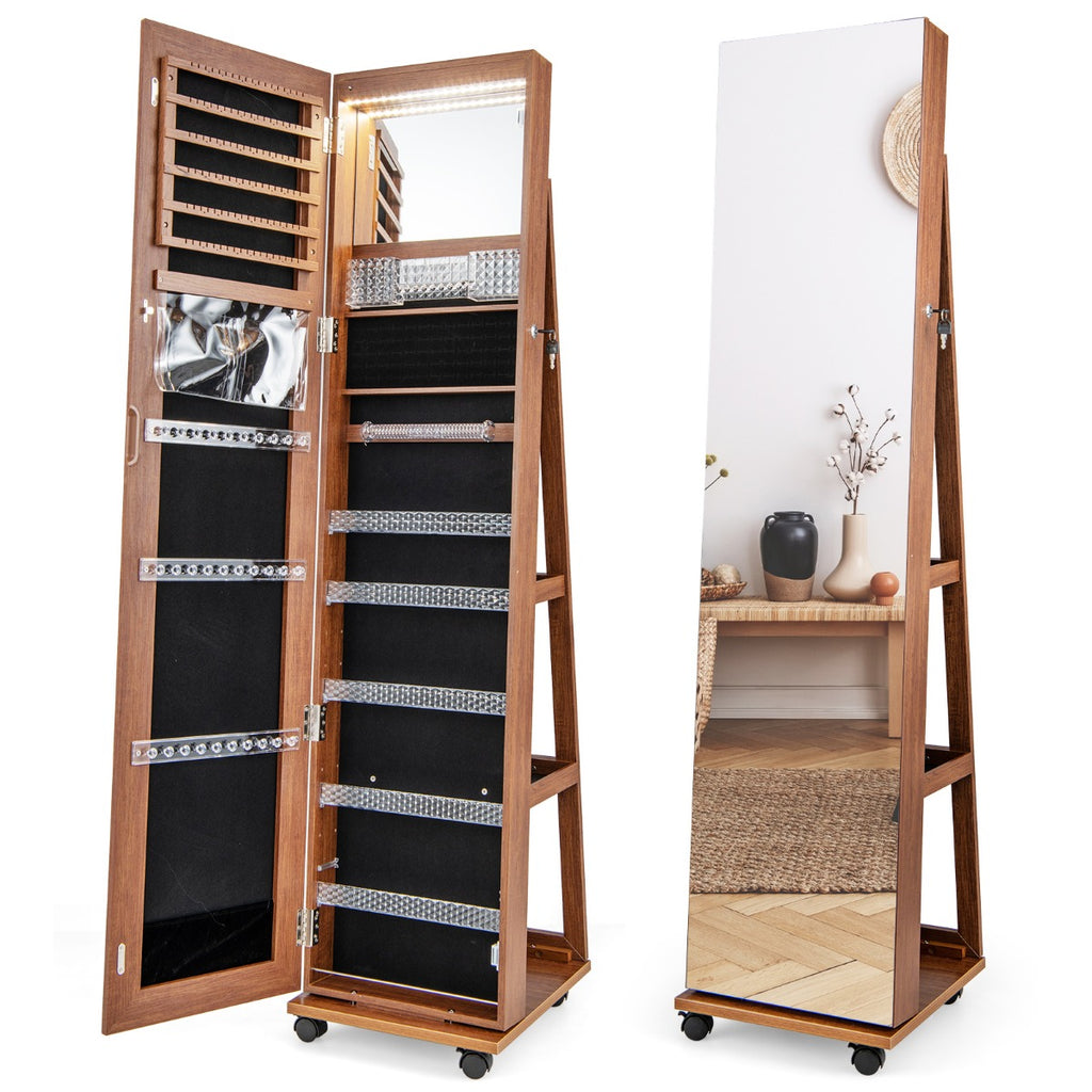 Lockable Jewelry Cabinet Armoire with Built-in Makeup Mirror and 3-colour LED Lights-Brown
