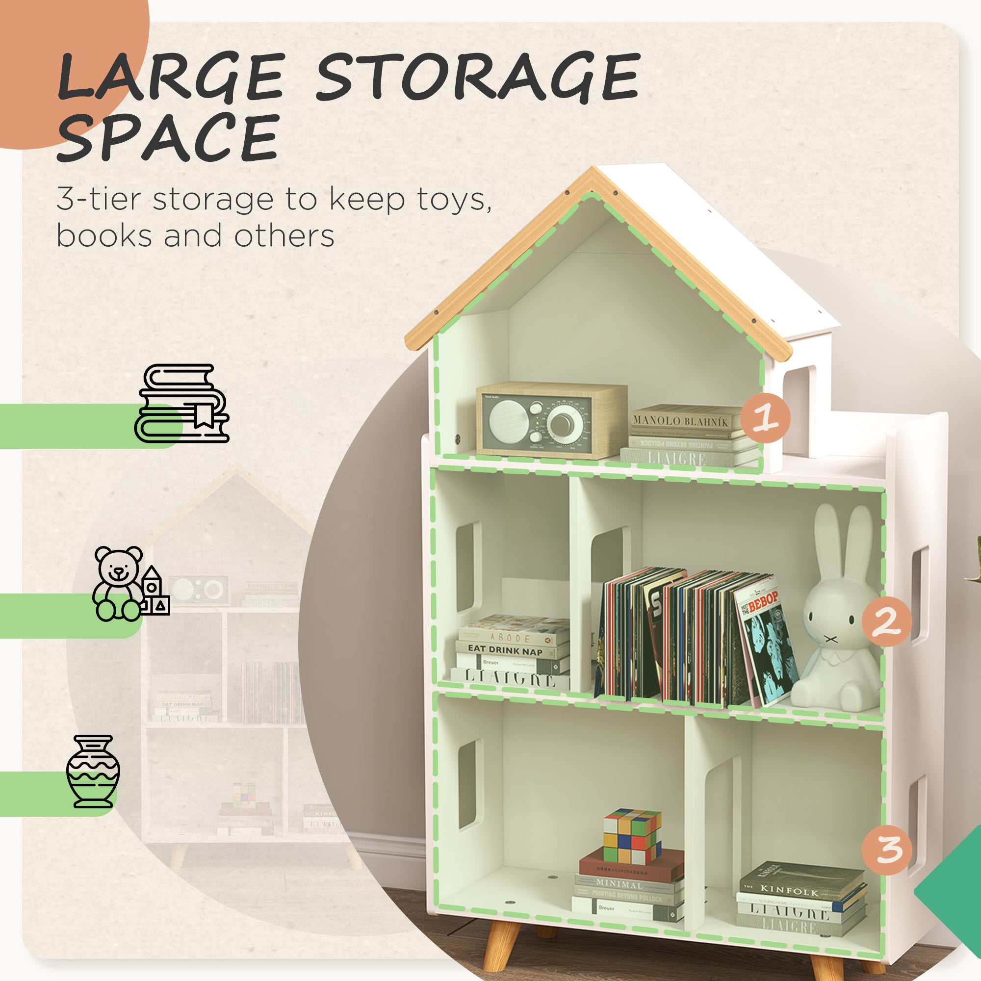 ZONEKIZ 3 Tier Toy Storage Shelf with 6 Cubby White