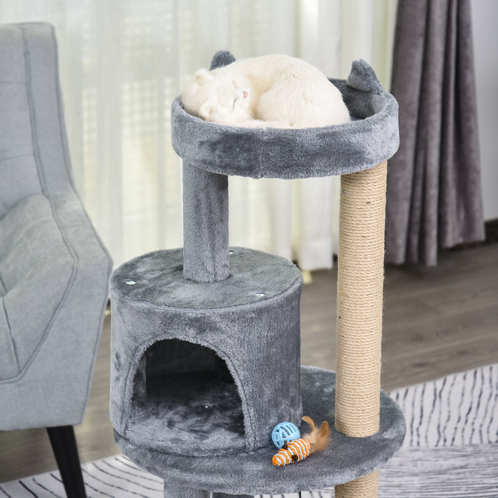 PawHut 3-Tier Deluxe Cat Activity Tree w/ Scratching Posts Ear Perch House Platform Play Ball Plush Fun Toys Exercise Rest Relax Climb Grey - Inspirely