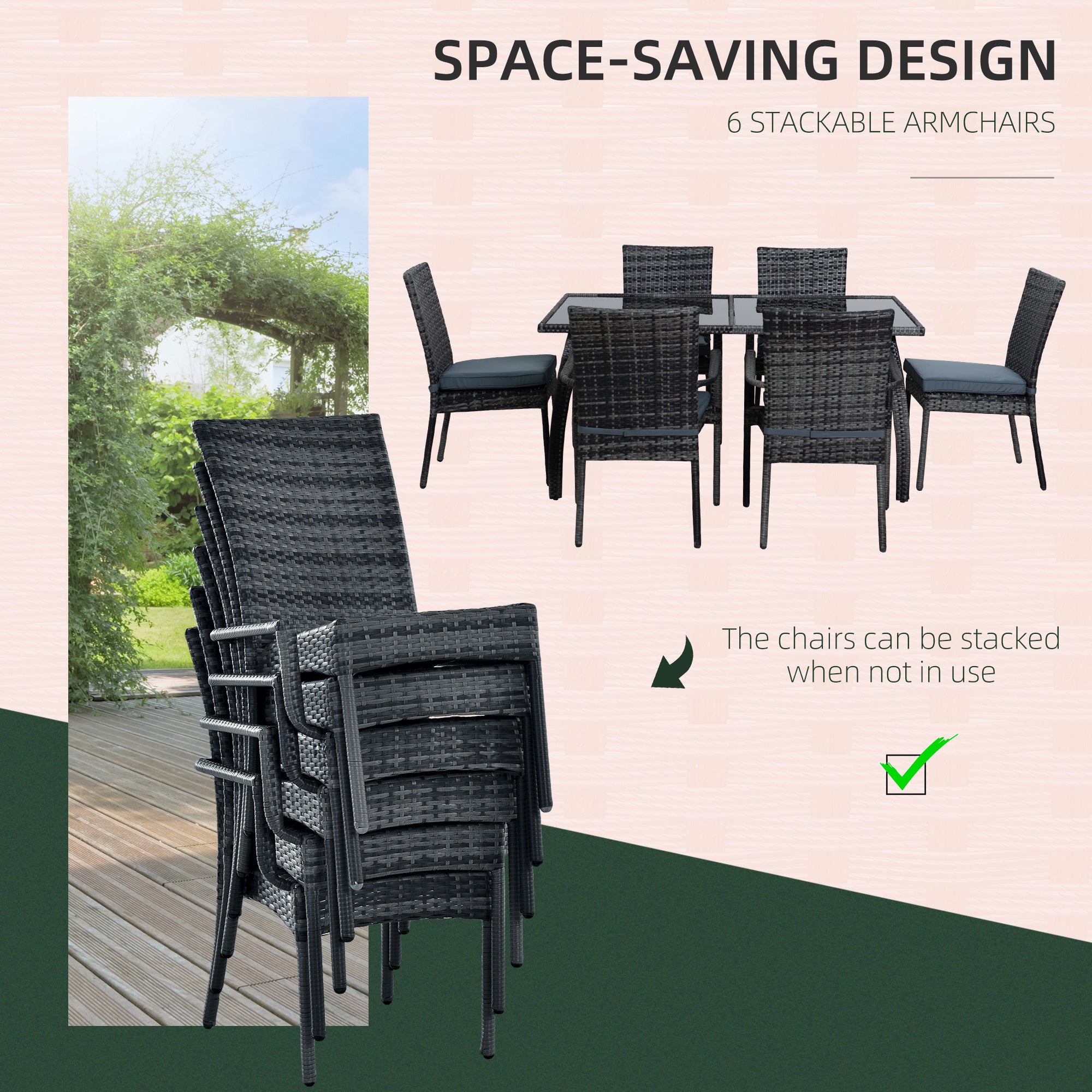 Outsunny 6-Seater Garden Dining Set Steel Frame PE Rattan Wicker w/ 6 Chairs Large Table Glass Top Curved Legs Feet Pads Thick Cushions Suitable Grey - Inspirely