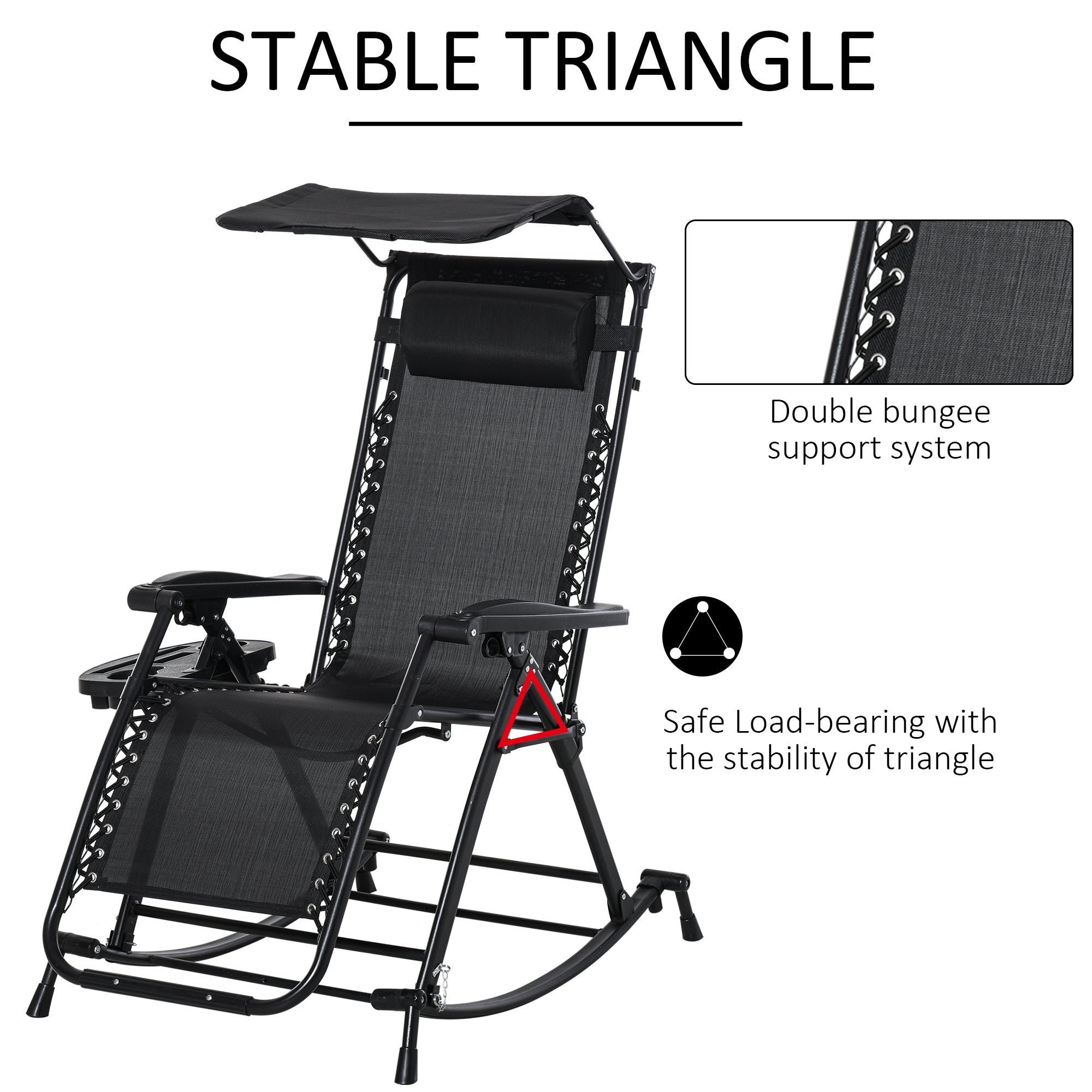 Outsunny Garden Rocking Chair Folding Recliner Outdoor Adjustable Sun Lounger Rocker Zero-Gravity Seat with Headrest Side Holder Patio Deck - Black - Inspirely