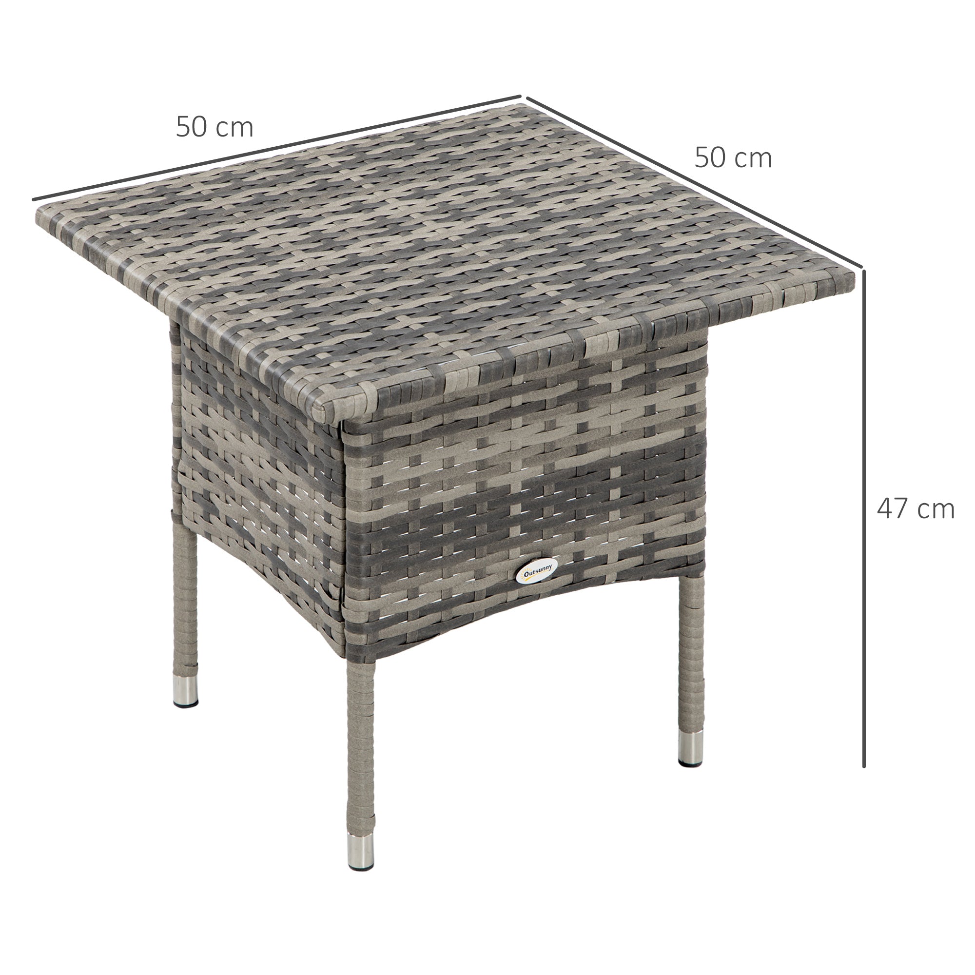 Outsunny Rattan Side Table, Outdoor Coffee Table, with Plastic Board Under the Full Woven Table Top for Patio, Garden, Balcony, Mixed Grey