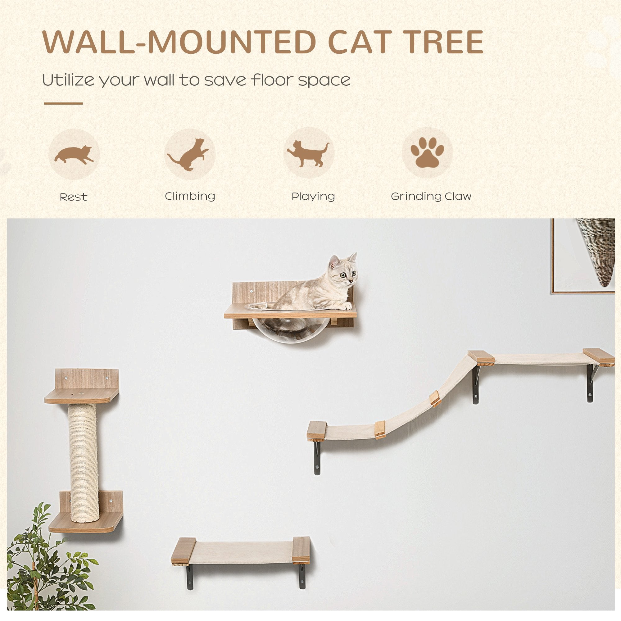 PawHut 4PCs Wall-mounted Cats Climbing Shelf Set Cat Tree Kitten Perch Activity Center with Hammock Scratching Post Jumping Platform Brown - Inspirely