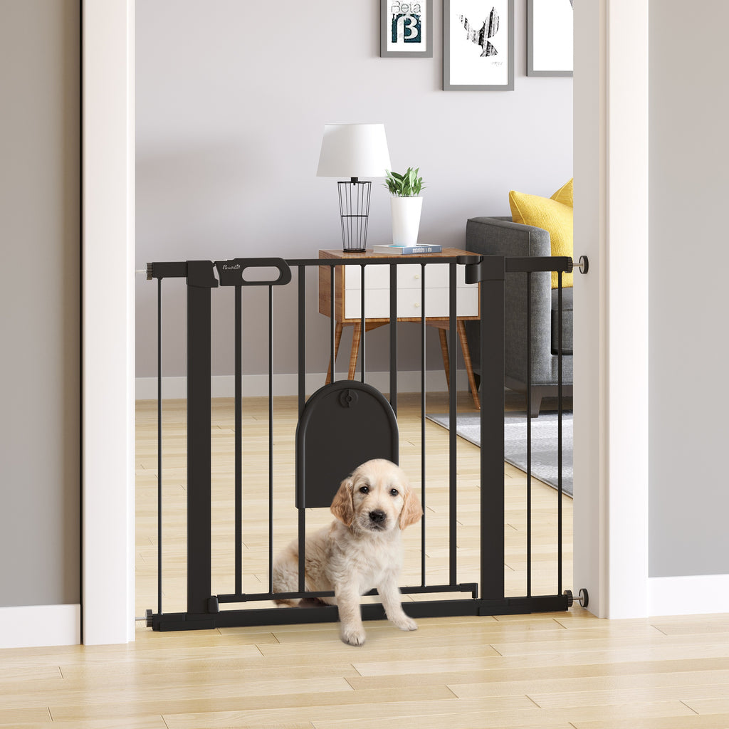 PawHut 75-103 cm Extra Wide Pet Safety Gate Barrier, Stair Pressure Fit, w/ Small Door, Auto Close, Double Locking, for Doorways, Hallways, Black - Inspirely