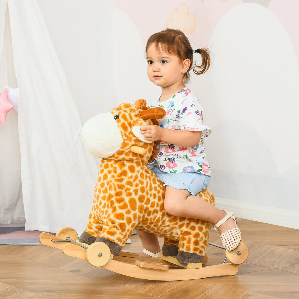 HOMCOM 2-IN-1 Kids Plush Ride-On Rocking Gliding Horse Giraffe-shaped Plush Toy Rocker with Realistic Sounds for Child 36-72 Months Yellow - Inspirely