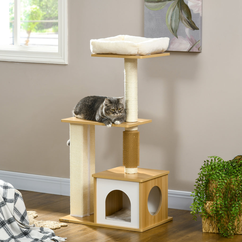 PawHut Cat Tree with Scratching Posts, Cat House, Cat Bed, Perches, 59.5 x 39.5 x 114 cm, Oak Tone
