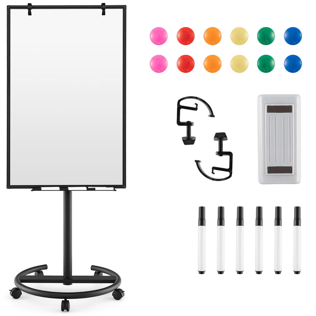 100 cm x 65 cm Height-Adjustable Magnetic Whiteboard on Wheels-Black; White