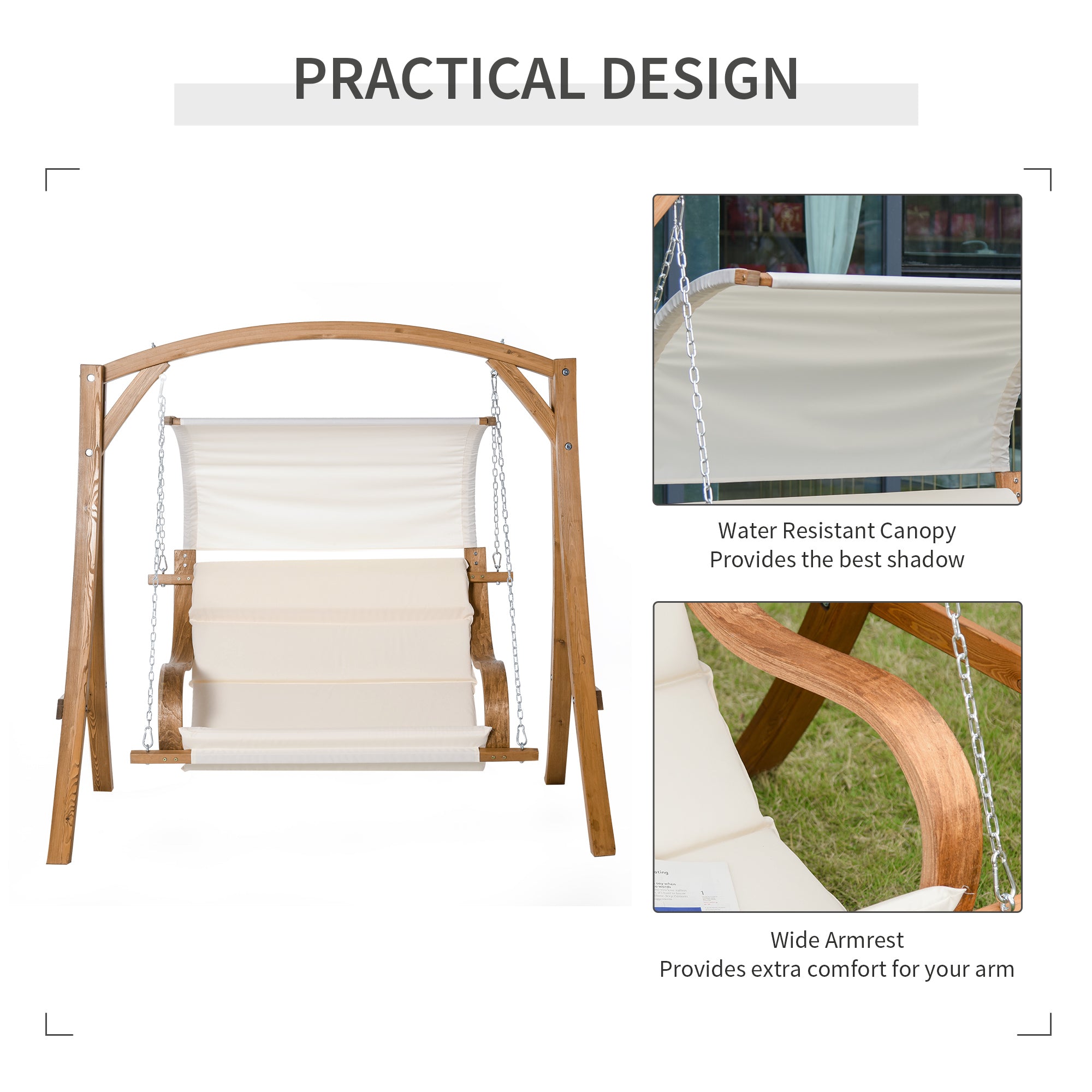 Outsunny Wooden Porch Swing Chair A-Frame Wood Log Swing Bench Chair With Canopy and Cushion for Patio Garden Yard - Inspirely