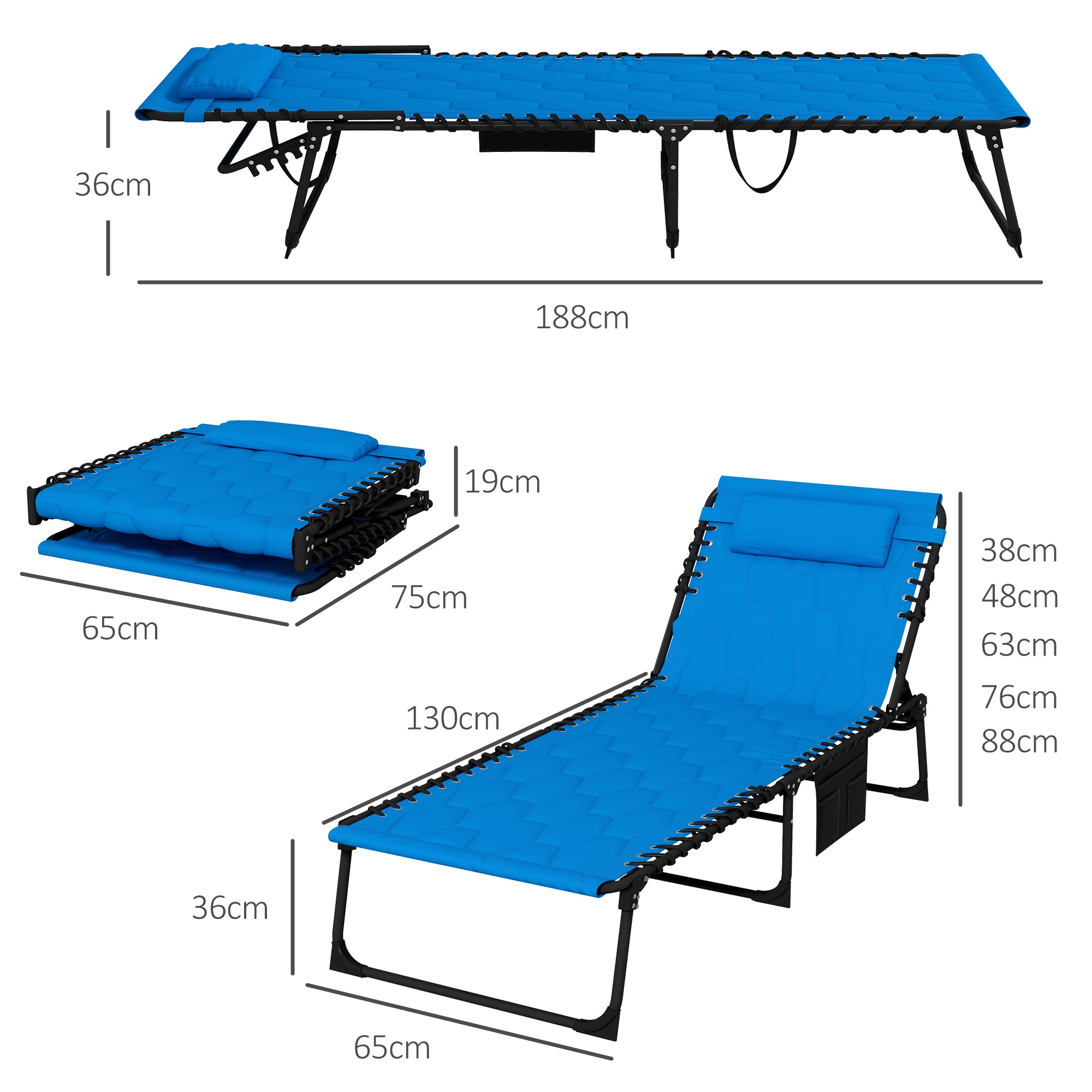 Outsunny Foldable Sun Lounger Set with 5-level Reclining Back, Outdoor Tanning Chairs w/ Padded Seat, Outdoor Sun Loungers w/ Side Pocket