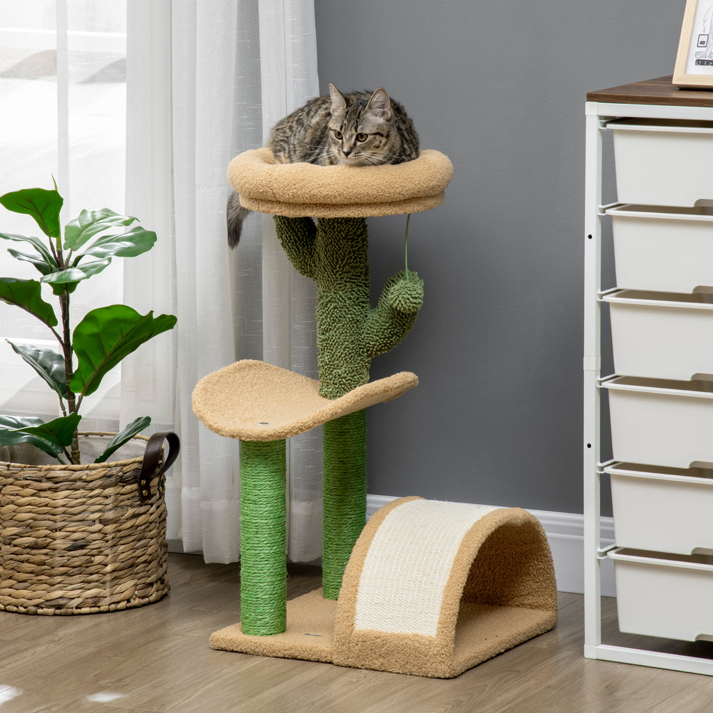 PawHut 72cm Cat Tree, Kitty Activity Center, Wooden Cat Climbing Toy, Cat Tower with Bed Ball Toy Sisal Scratching Post Curved Pad, Yellow