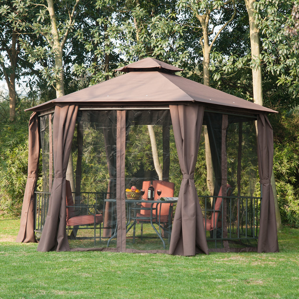 Outsunny Hexagon Gazebo Patio Canopy Party Tent Outdoor Garden Shelter w/ 2 Tier Roof & Side Panel - Brown - Inspirely