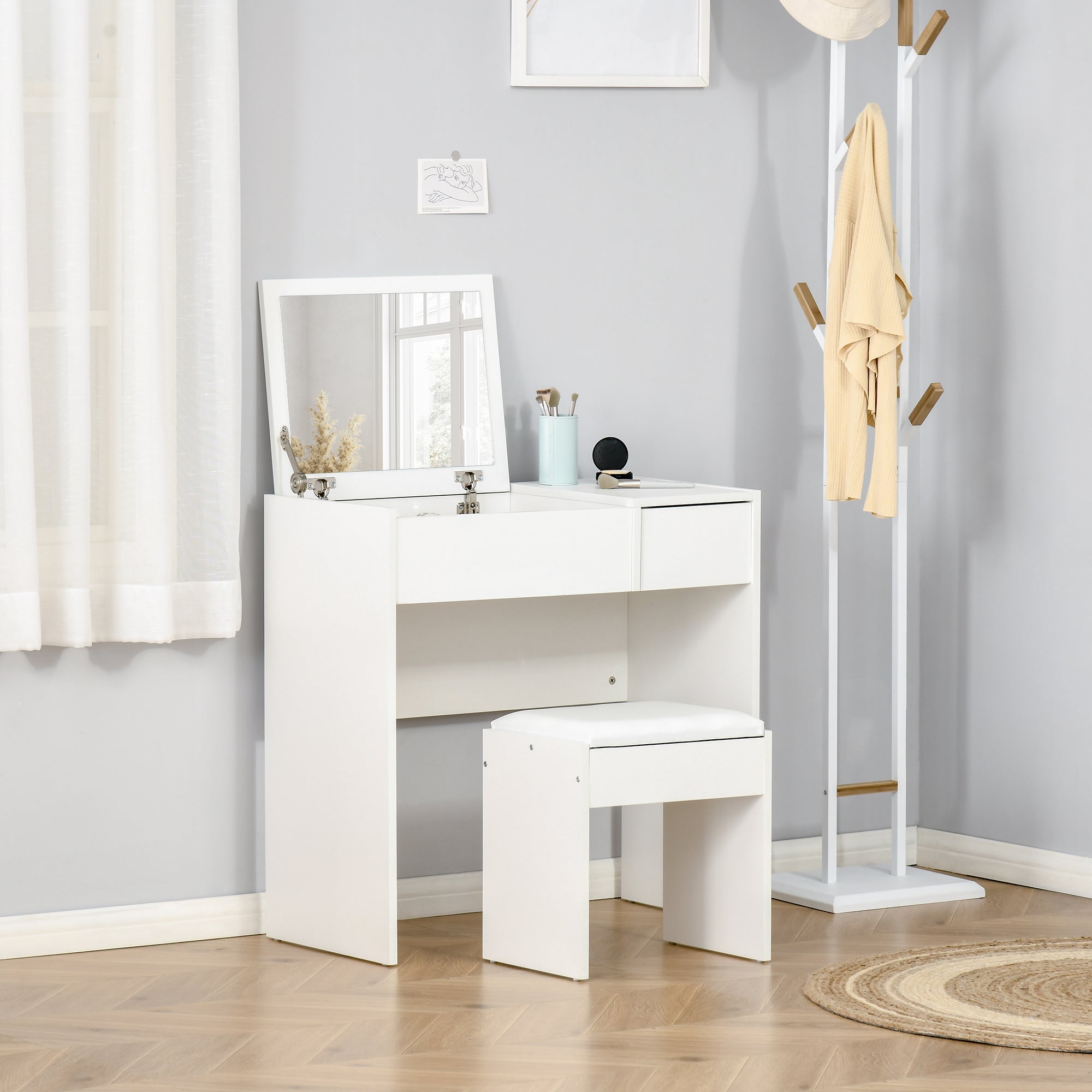 Dressing Table, Flip-up Mirror and Padded Stool-White
