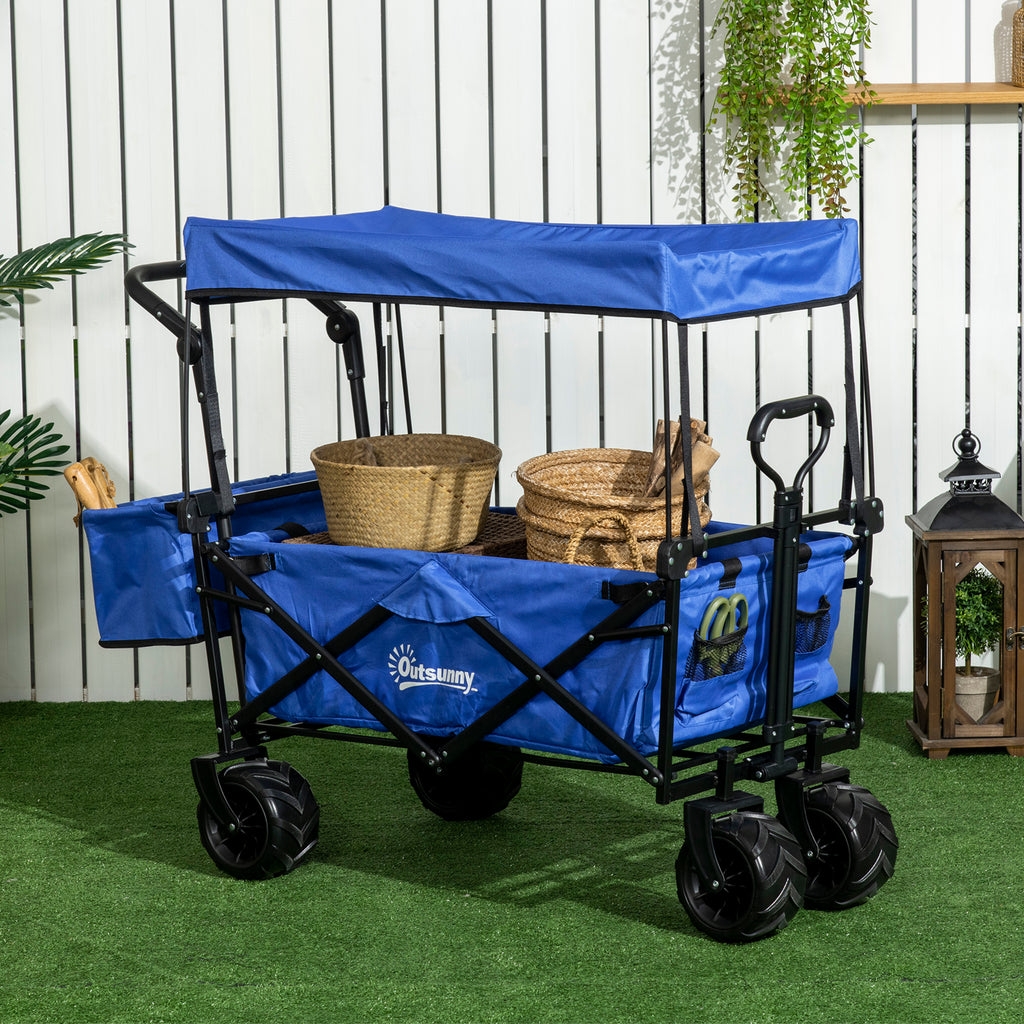 Outsunny Folding Trolley Cart Storage Wagon Beach Trailer 4 Wheels with Handle Overhead Canopy Cart Push Pull for Camping Blue