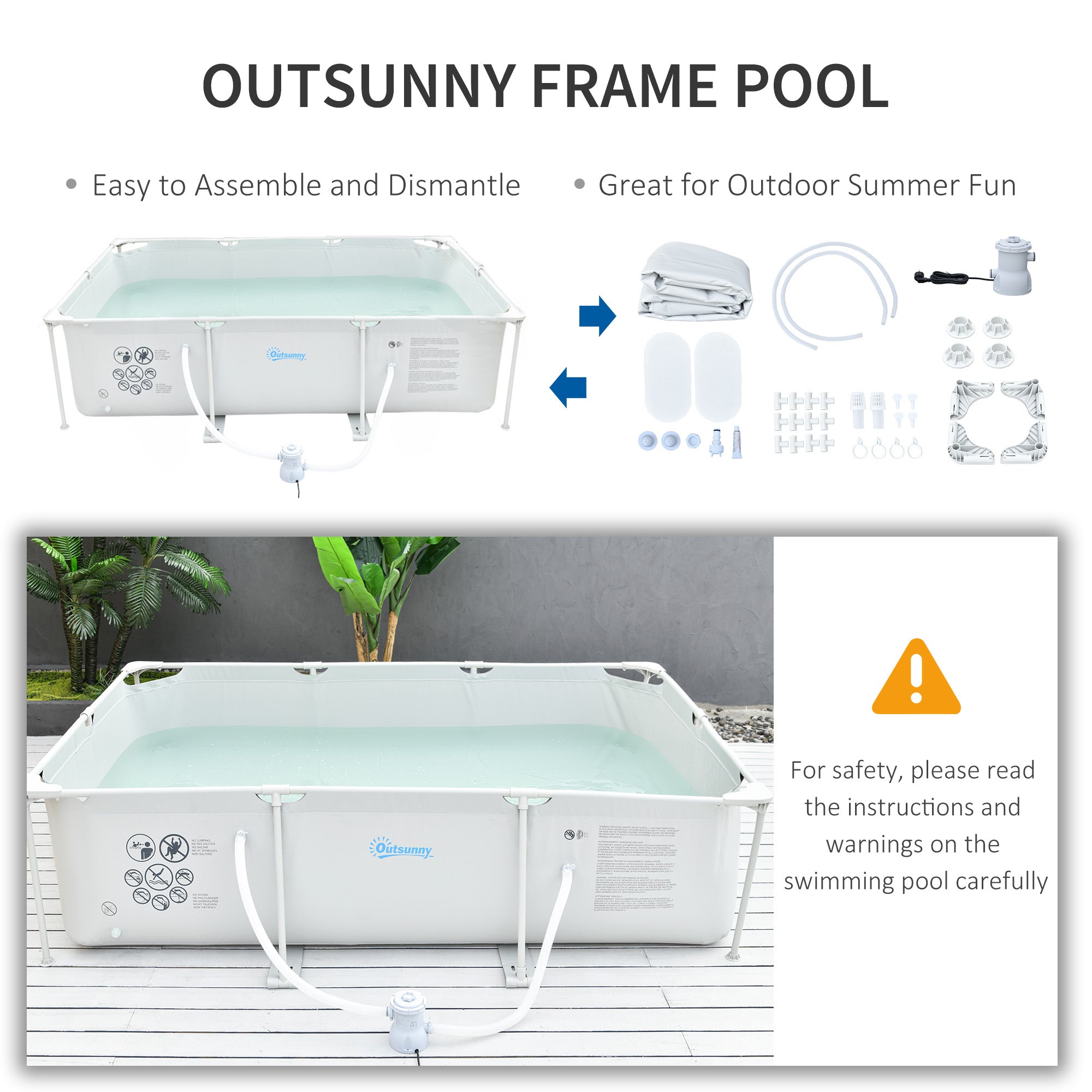 Outsunny Steel Frame Pool with Filter Pump and Filter Cartridge Rust Resistant Above Ground Pool with Reinforced Sidewalls, 292 x 190 x 75cm, Grey - Inspirely