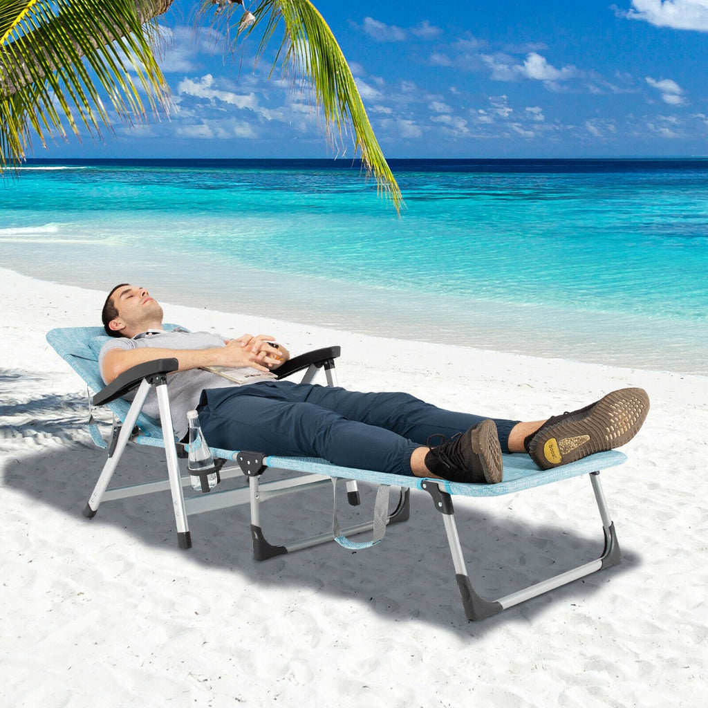 Folding Outdoor Chaise Lounger with Detachable Pillow and Cup Holder-Blue