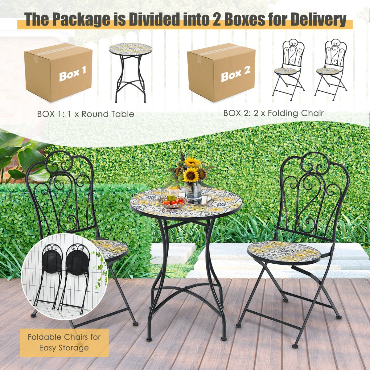 3 Piece Outdoor Patio Bistro Mosaic Conversation Furniture Set