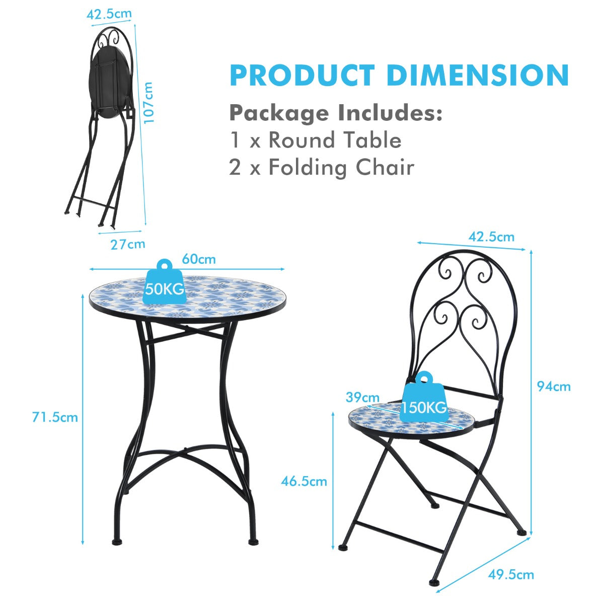 3 Piece Outdoor Mosaic Patio Bistro Set with Folding Chairs