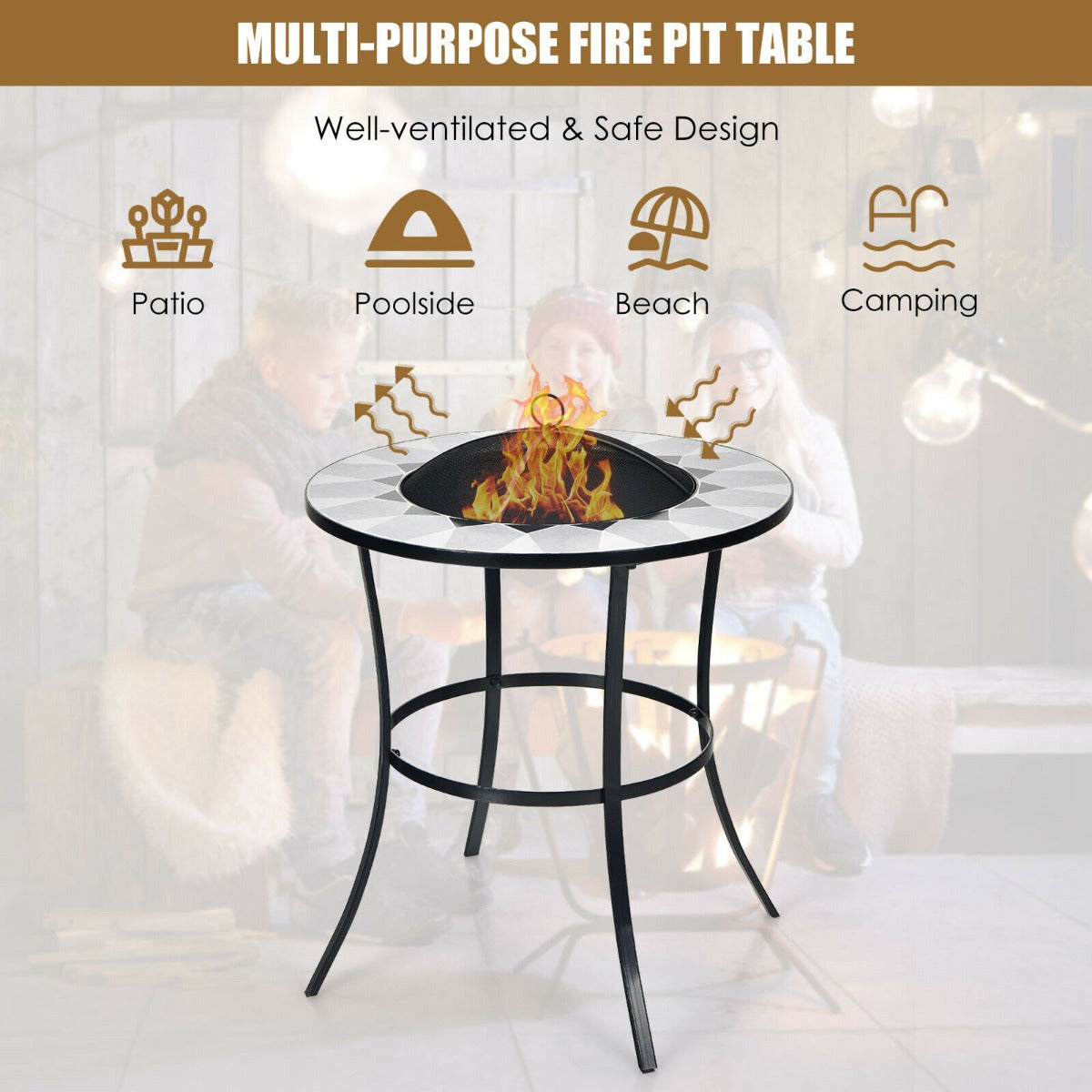 Outdoor Fire Pit with Tile Tabletop and Mesh Screen Lid