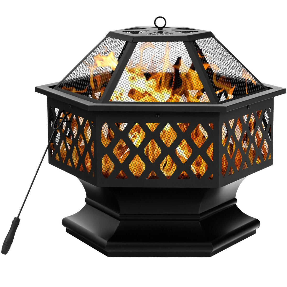 Hexagon Charcoal Metal Fire Pit with Fire Poker for Patio Black