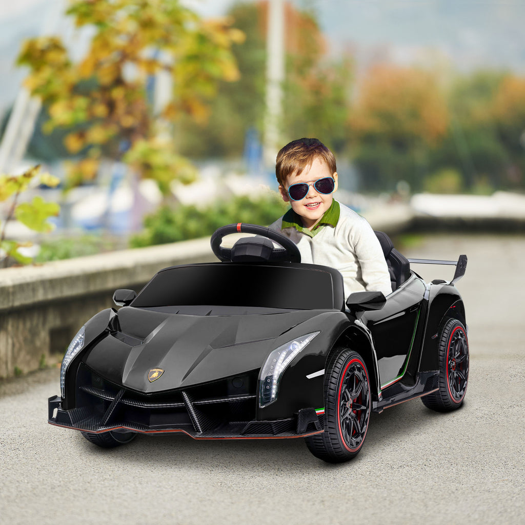 HOMCOM Lamborghini Veneno Licensed 12V Kids Electric Ride on Car with Butterfly Doors, Portable Battery, Powered Electric Car with Bluetooth, Remote, Music, Horn, Suspension, for 3-6 Years - Black