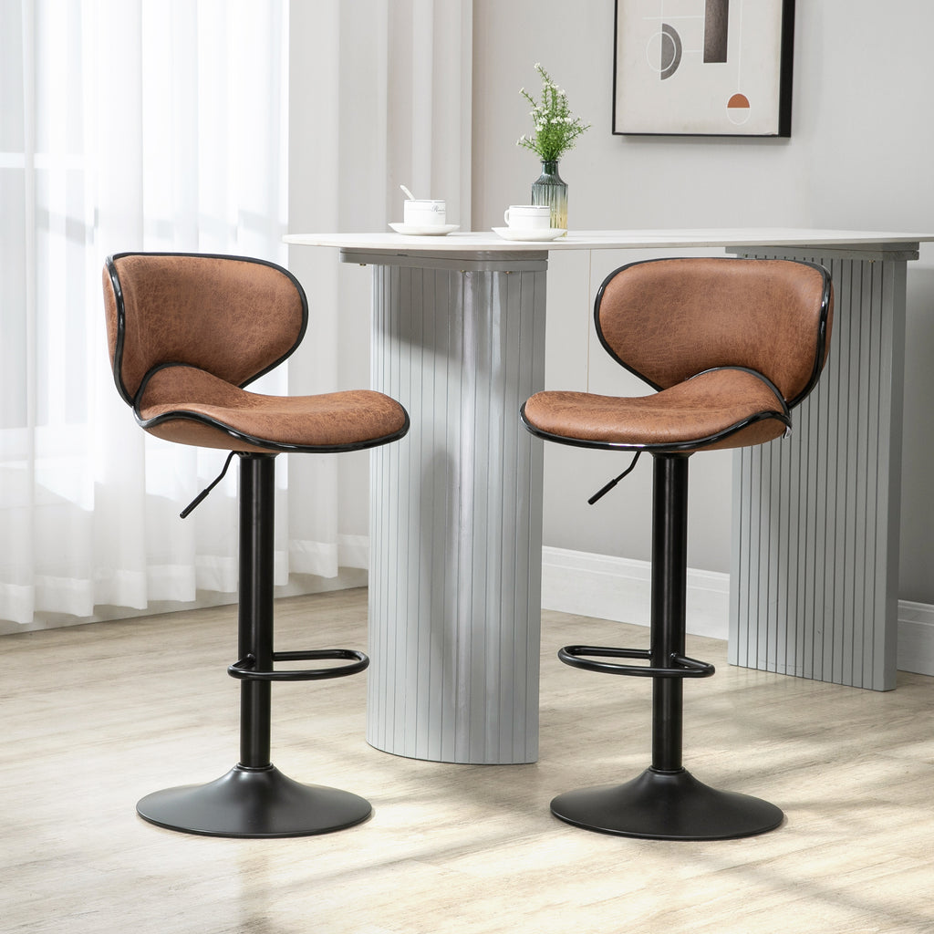 HOMCOM Bar Stool Set of 2 Microfiber Cloth Adjustable Height Armless Chairs with Swivel Seat, Brown