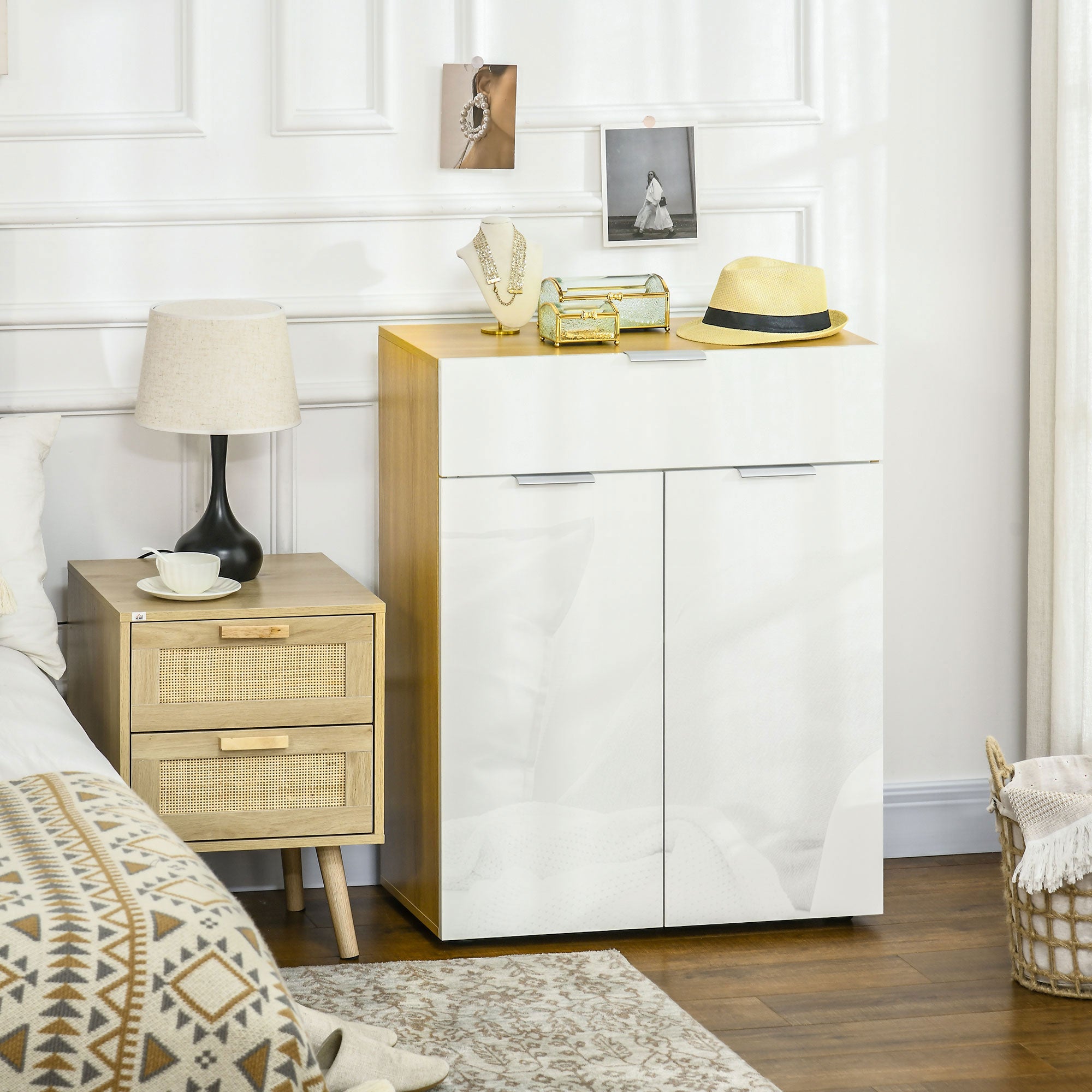 HOMCOM Modern Storage Cabinet, High Gloss Slim Sideboard with Drawer, Door Cupboard, Adjustable Shelves, White and Natural
