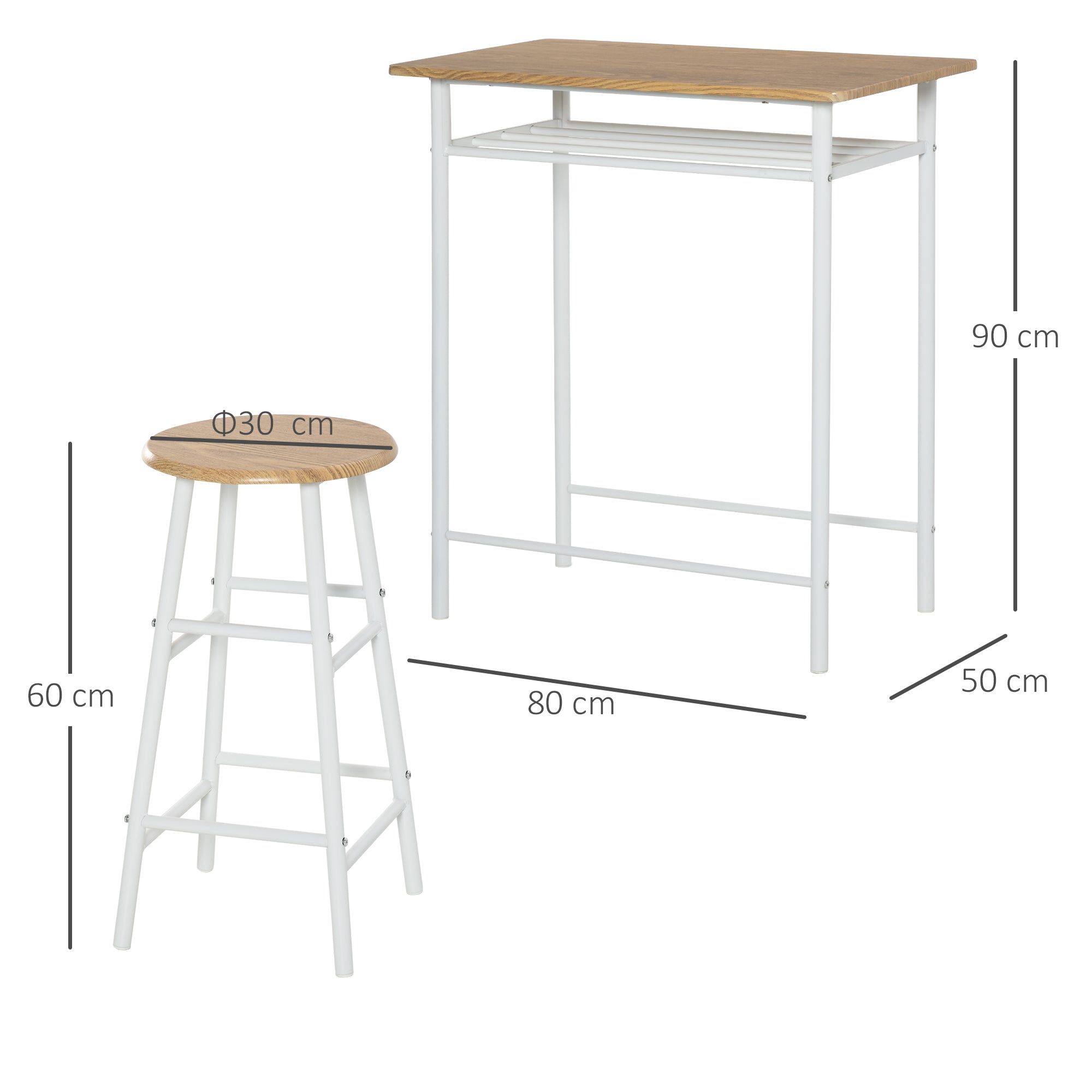 HOMCOM Bar Table Set, Bar Set-1 Bar Table and 2 Stools with Metal Frame Footrest and Storage Shelf for Kitchen, Dining Room, Pub, Cafe, White and Oak - Inspirely