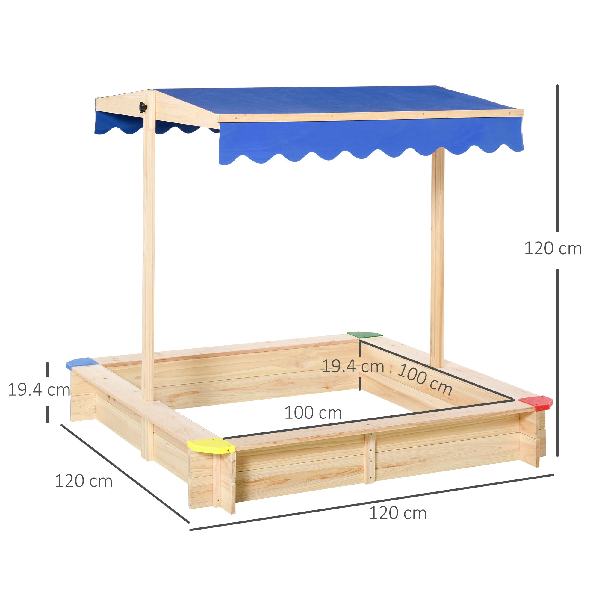 Outsunny Kids Wooden Sandpit Children Cabana Square Sandbox Outdoor Backyard Playset Play Station Adjustable Canopy Bench Seat 120x120x120cm