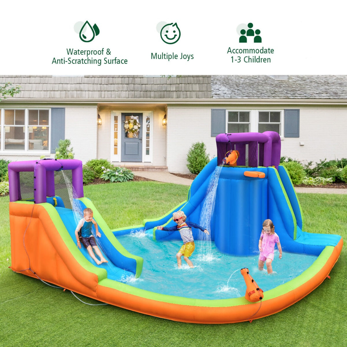 Kids Inflatable Bouncy Castle with Double Slides Water Guns and Basketball Hoop