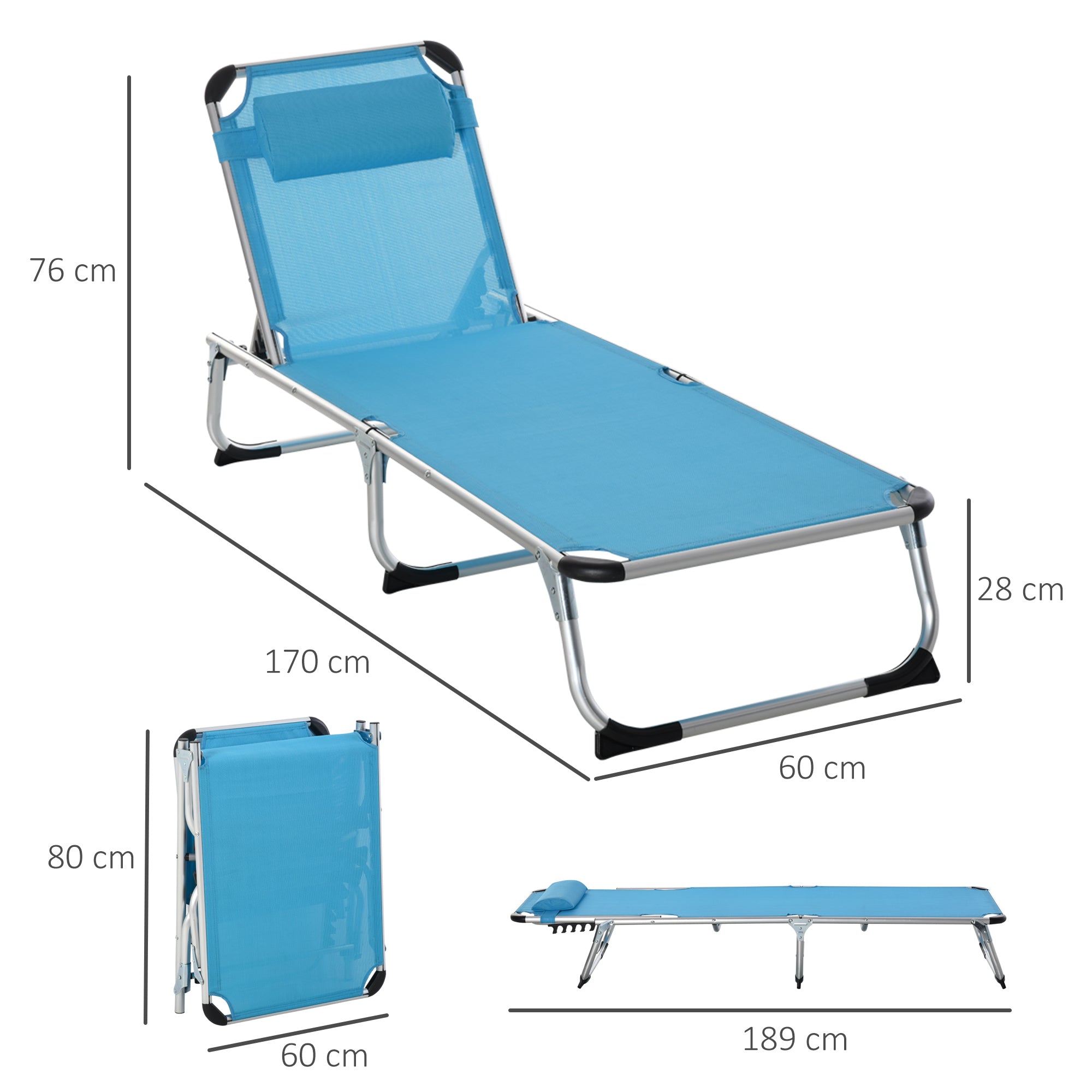 Outsunny Foldable Reclining Sun Lounger Lounge Chair Camping Bed Cot with Pillow 5-Level Adjustable Back Aluminium Frame Blue - Inspirely