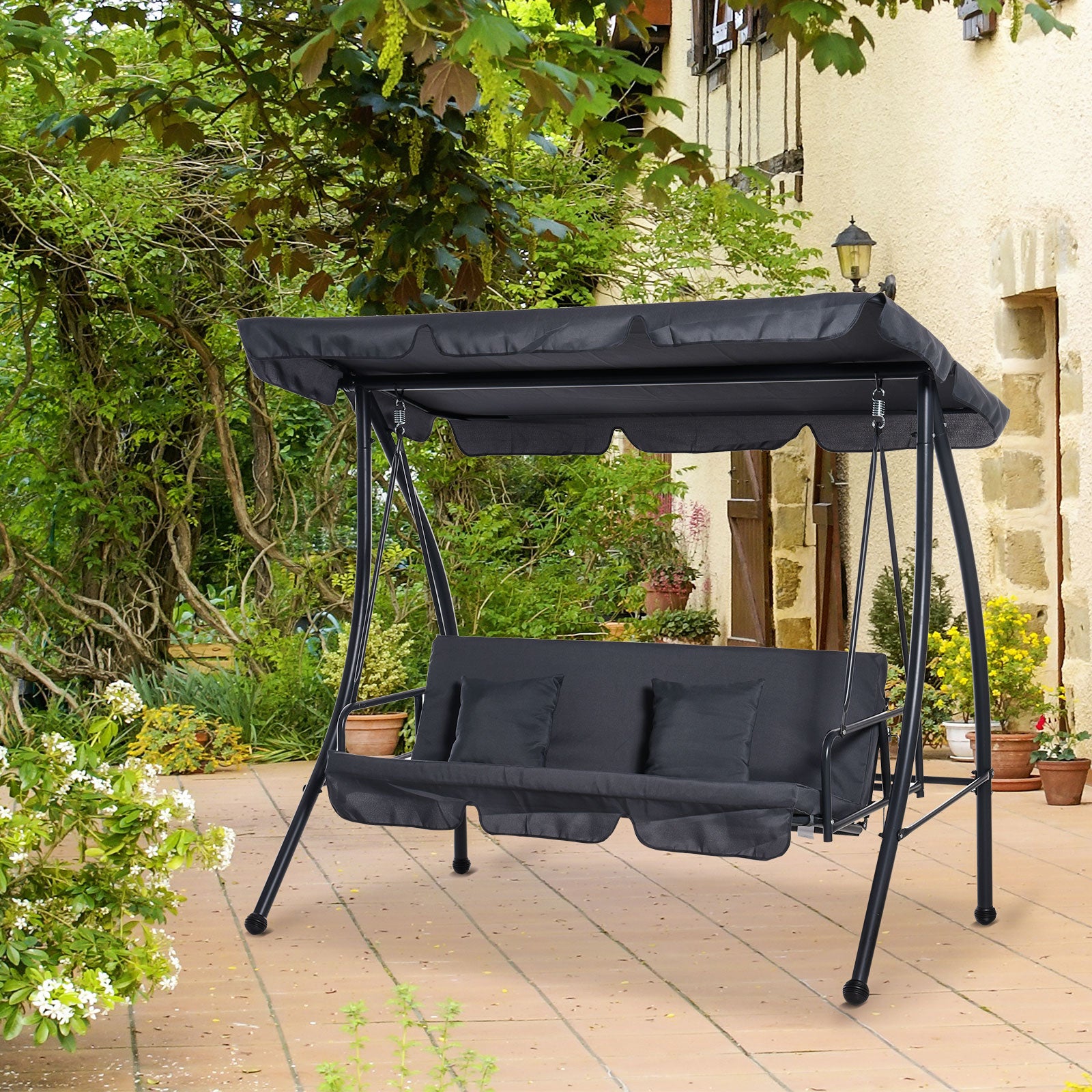 Outsunny 2-in-1 Patio Swing Chair Lounger 3 Seater Garden Swing Seat w/ Convertible Tilt Canopy and Cushion, Dark Grey - Inspirely