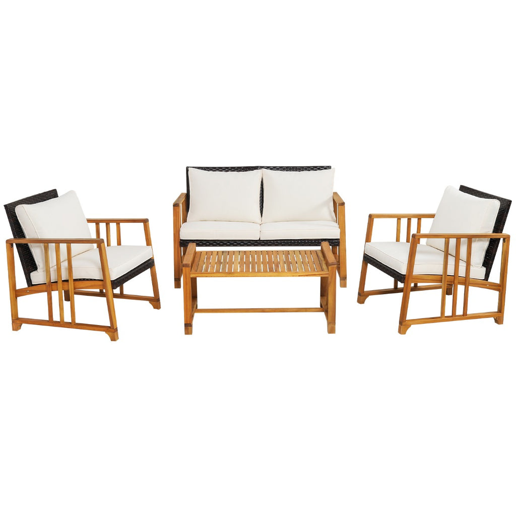 Outdoor Mix Brown Rattan Set with Acacia Wood Frame and Back Cushions-White