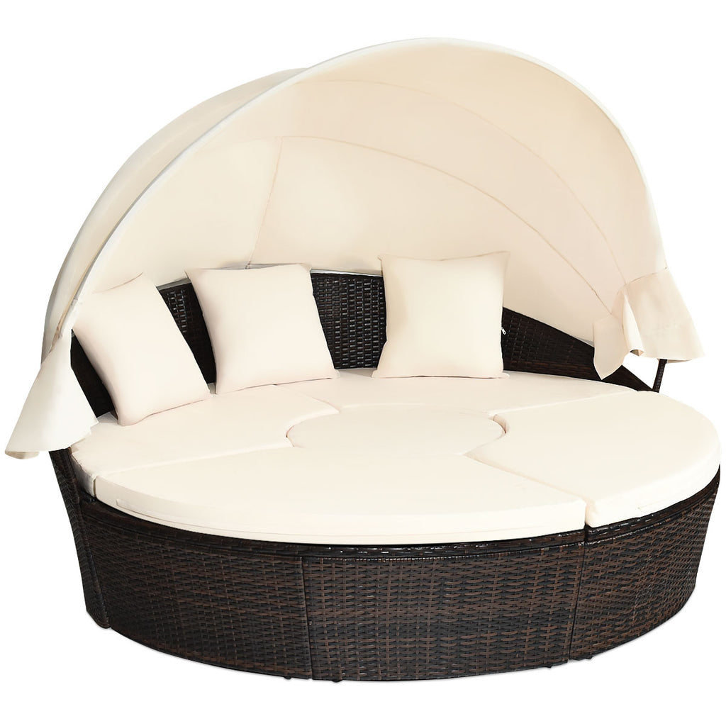Outdoor Round Daybed with Waterproof Removable Cushions and Height Adjustable Coffee Table-White