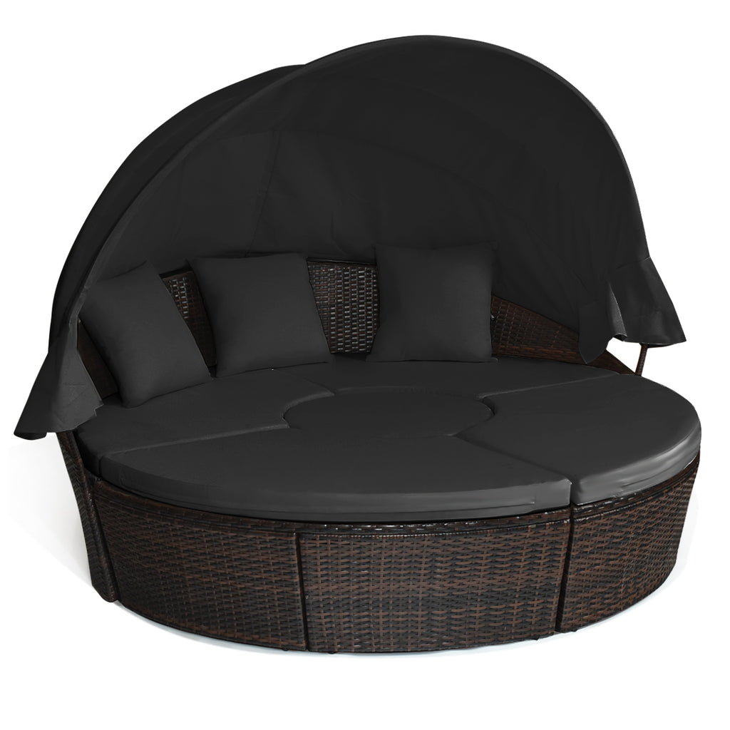 Outdoor Wicker Daybed, Patio Round Sectional Furniture Set-Black