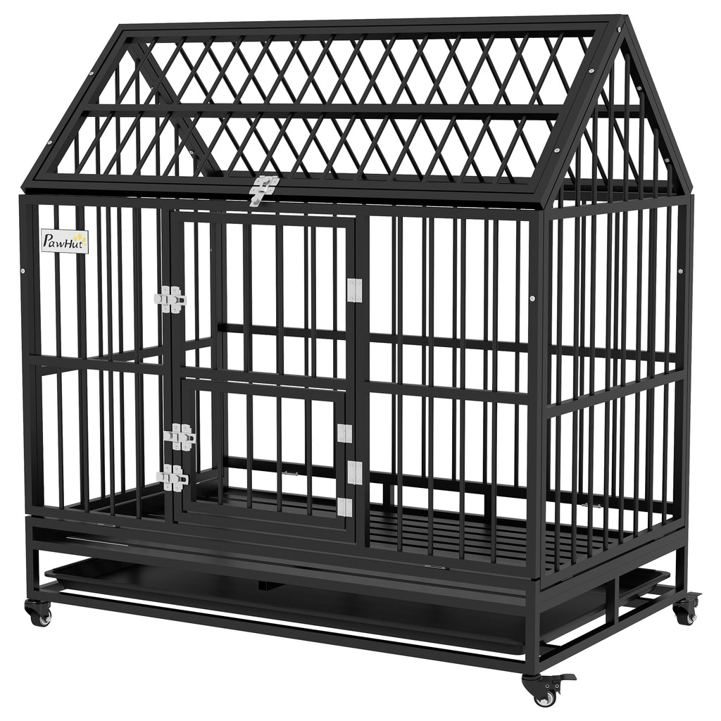 PawHut 48" Heavy Duty Dog Crate on Wheels, with Removable Tray, Openable Top, for L, XL Dogs - Black