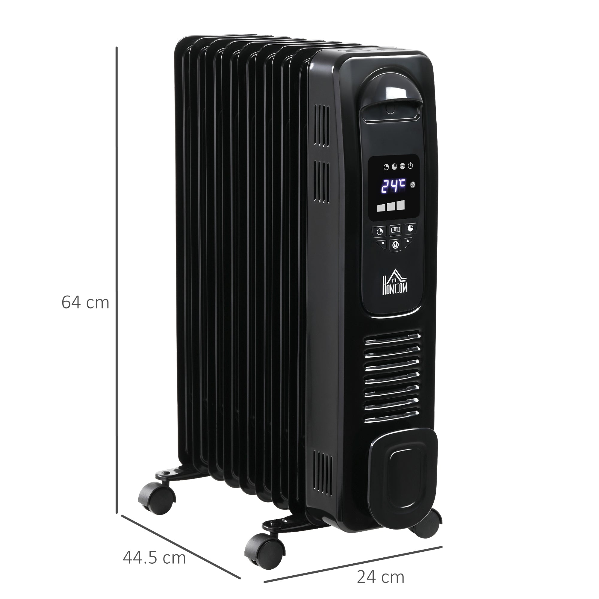 HOMCOM 2180W Digital Oil Filled Radiator, 9 Fin, Portable Electric Heater with LED Display, Timer 3 Heat Settings Safety Cut-Off Remote Control Black - Inspirely