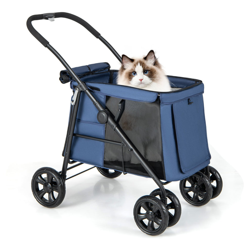 Folding Pet Stroller with Pockets and Skylight for Small Medium Pets-Blue
