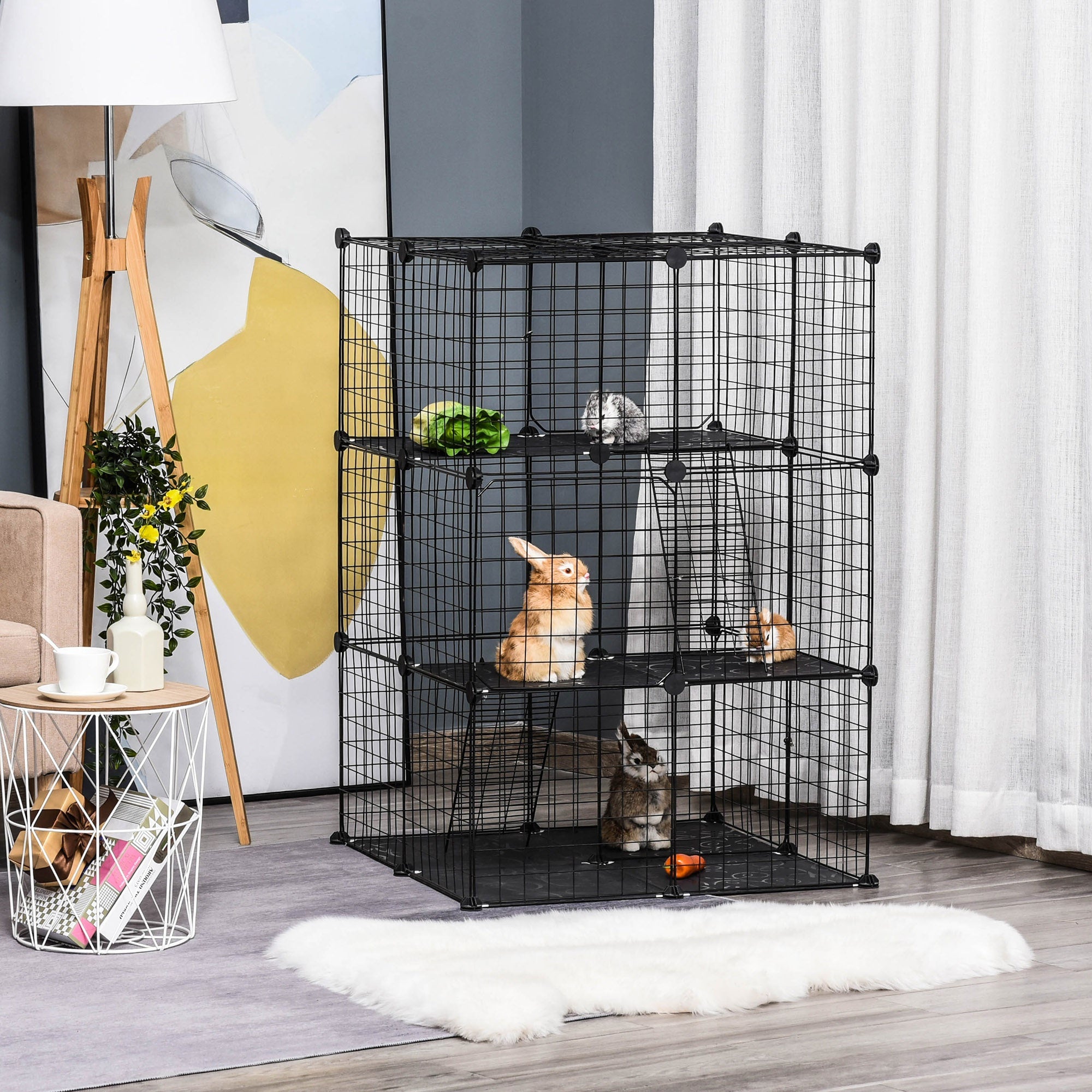 Pet Playpen DIY Small Animal Cage Enclosure Metal Wire Fence 39 Panels with 3 Doors 2 Ramps for Kitten Bunny Chinchilla Pet Mink Black by PawHut - Inspirely