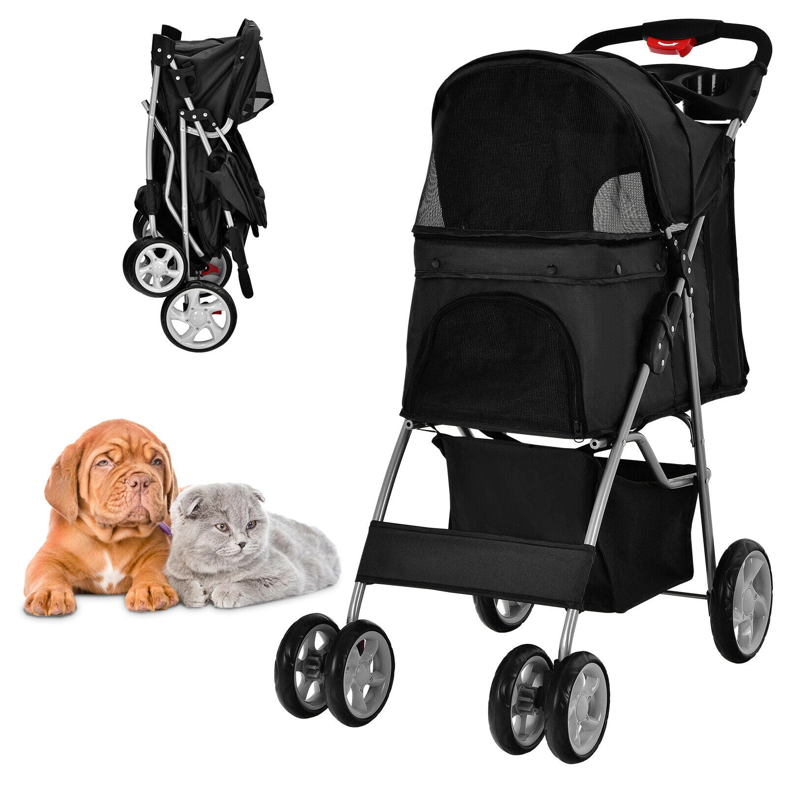 4-Wheel Folding Pet Stroller with Storage Basket and Adjustable Canopy-Black