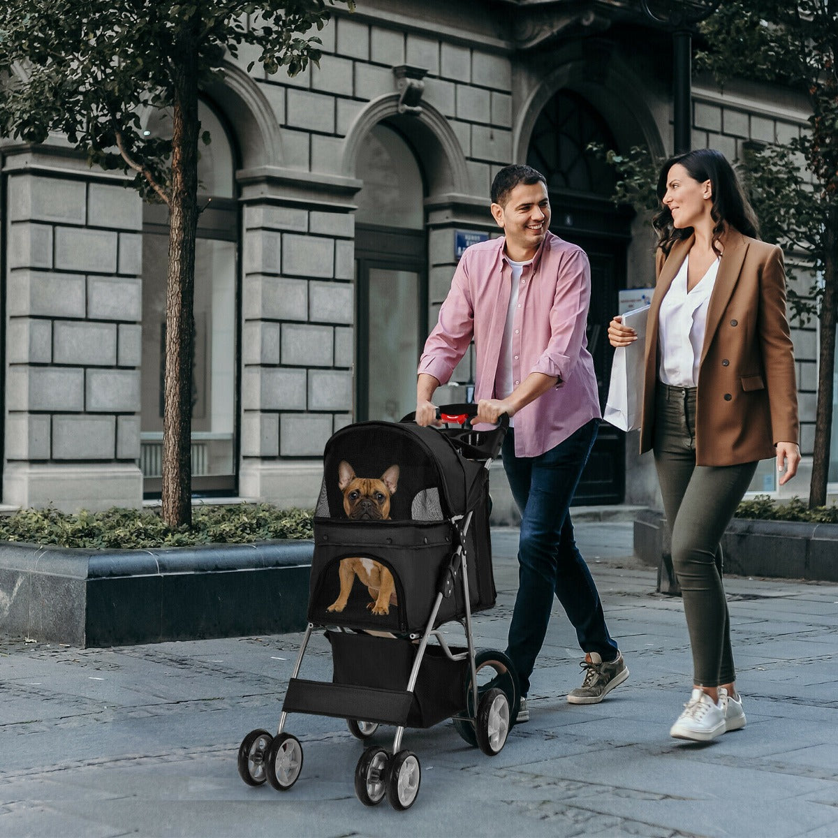 4-Wheel Folding Pet Stroller with Storage Basket and Adjustable Canopy-Black